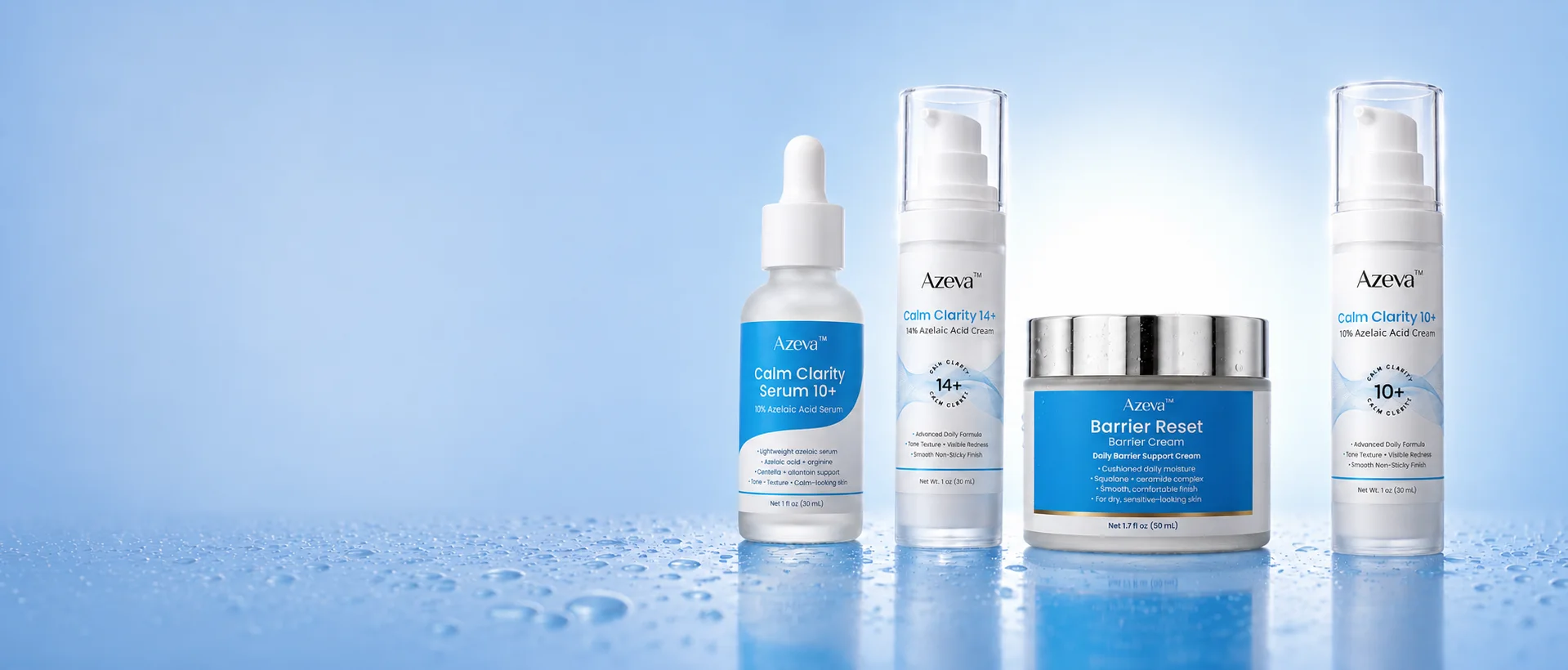 Azeva lineup: Calm Clarity Serum 10+, Calm Clarity 14+, Barrier Reset, and Calm Clarity 10+