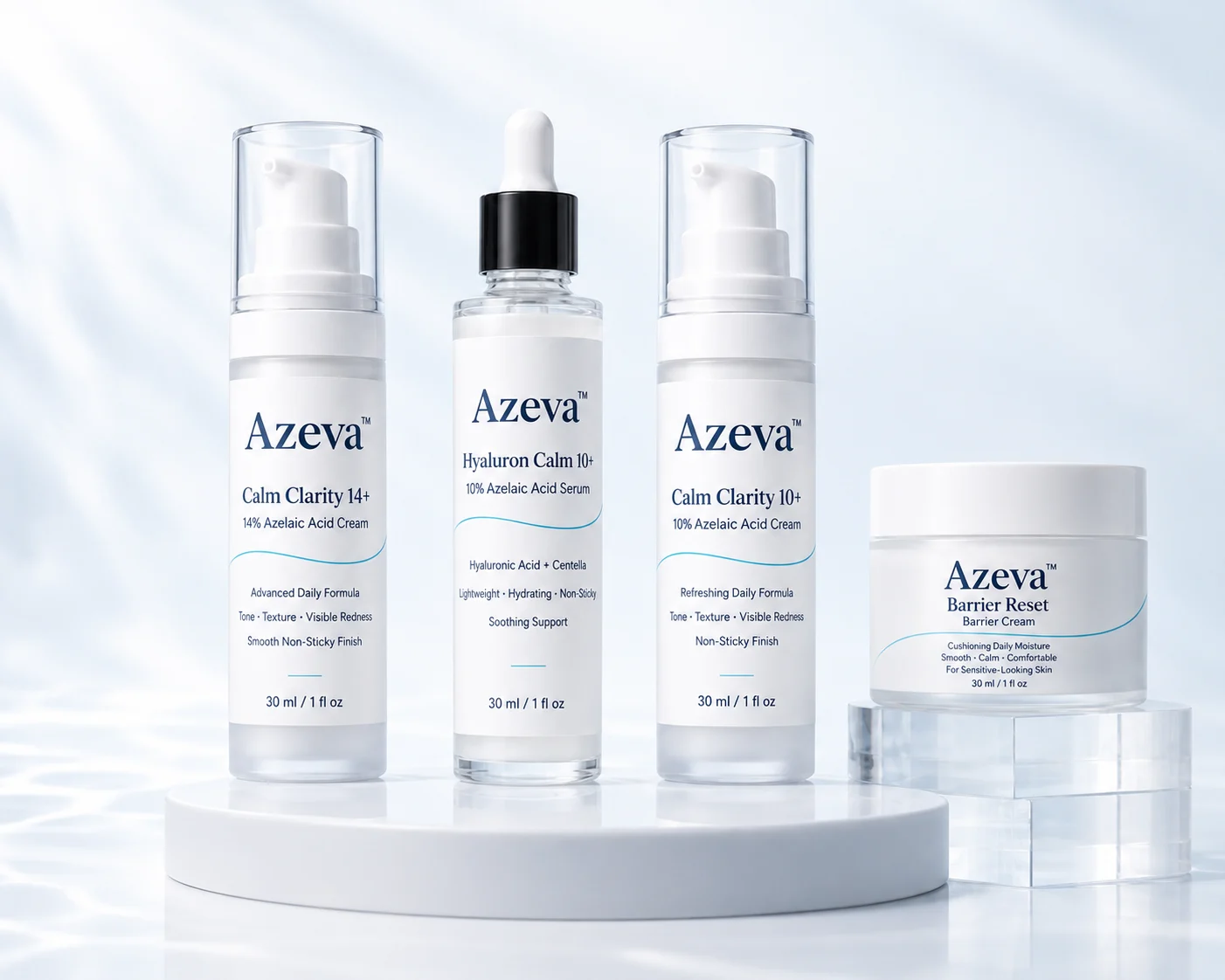 Azeva Calm Clarity, Hyaluron Calm, and Barrier Reset skincare routine products