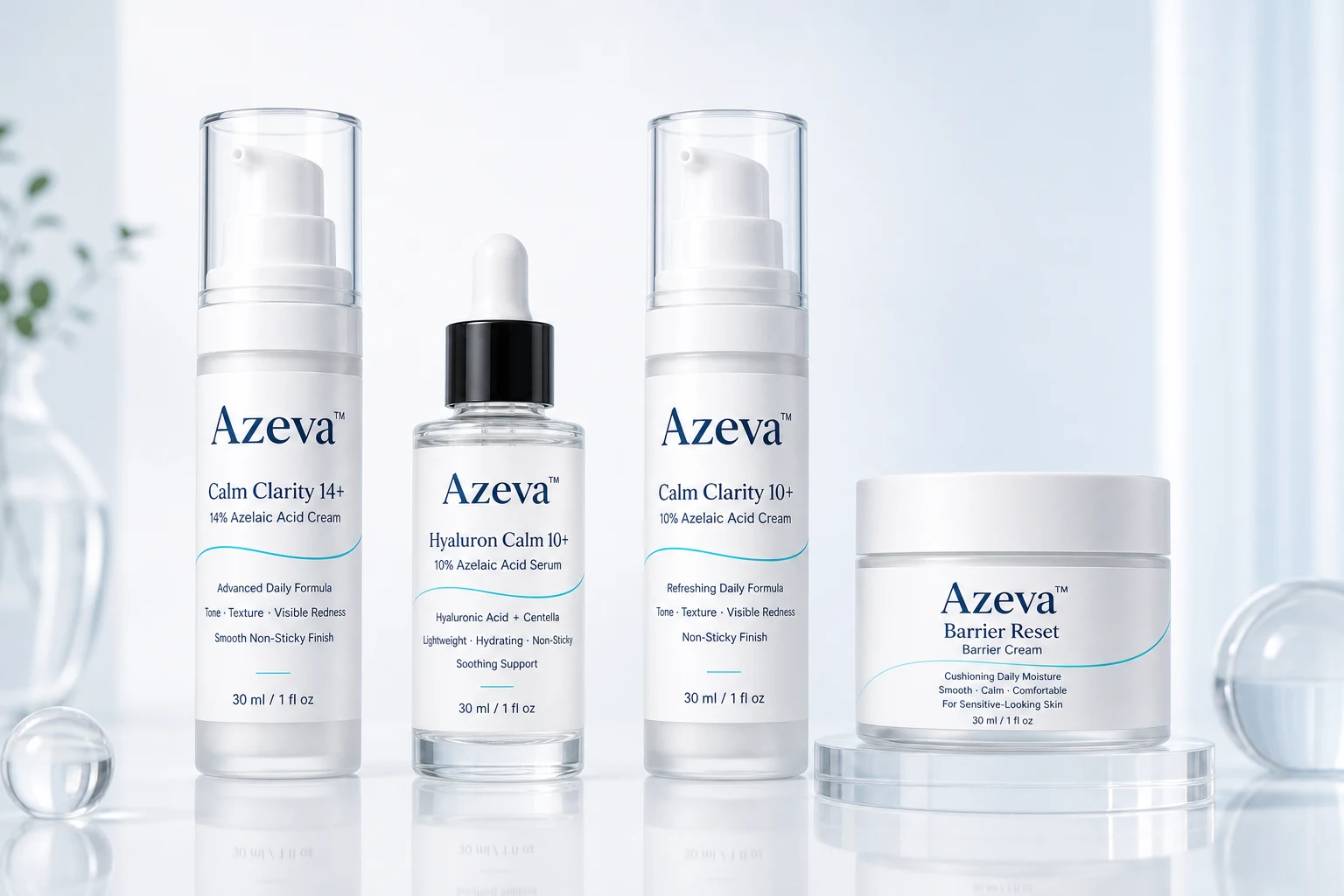 Azeva Calm Clarity, Hyaluron Calm, and Barrier Reset skincare routine products