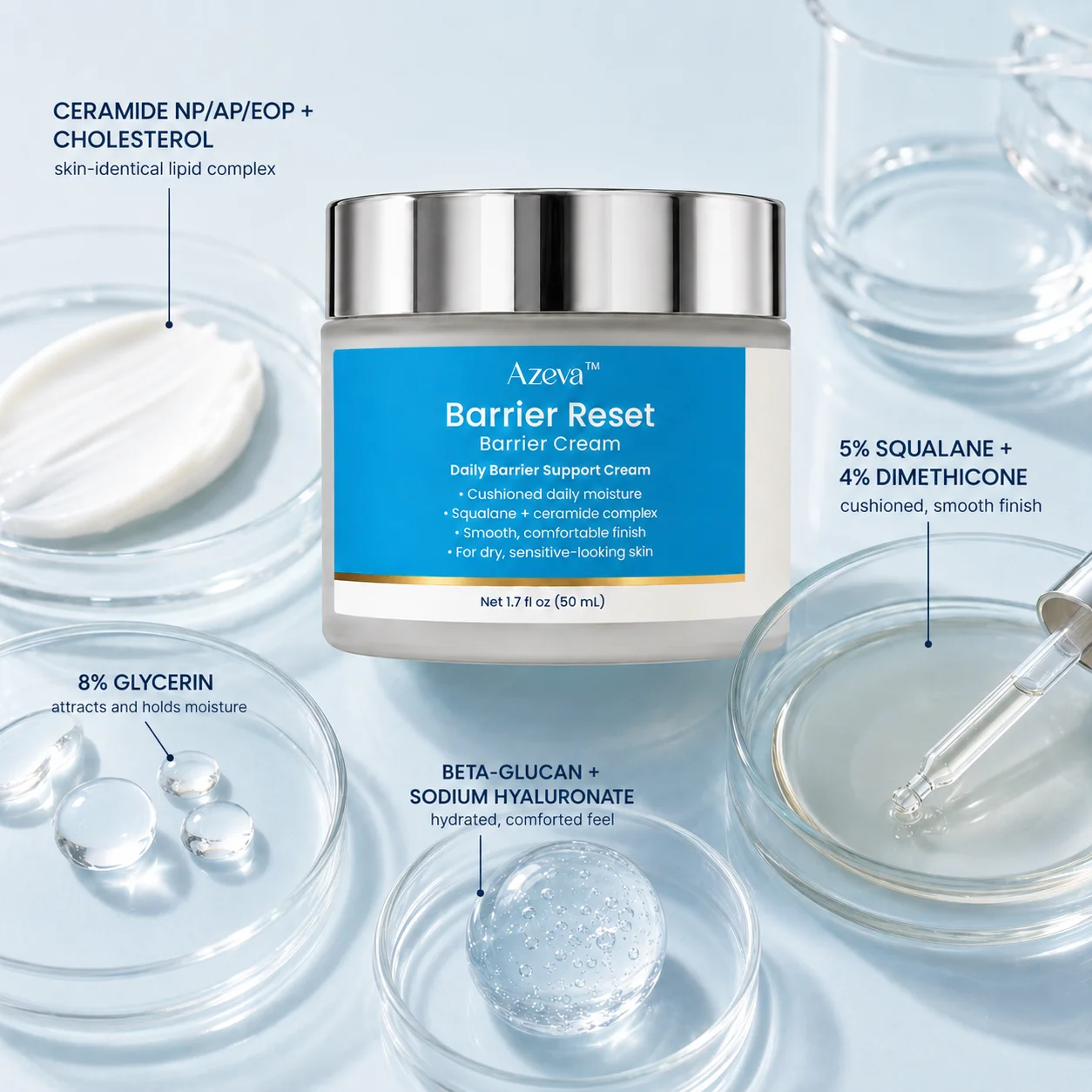 Barrier Reset key ingredients: ceramides with cholesterol, squalane and dimethicone, glycerin, beta-glucan with sodium hyaluronate