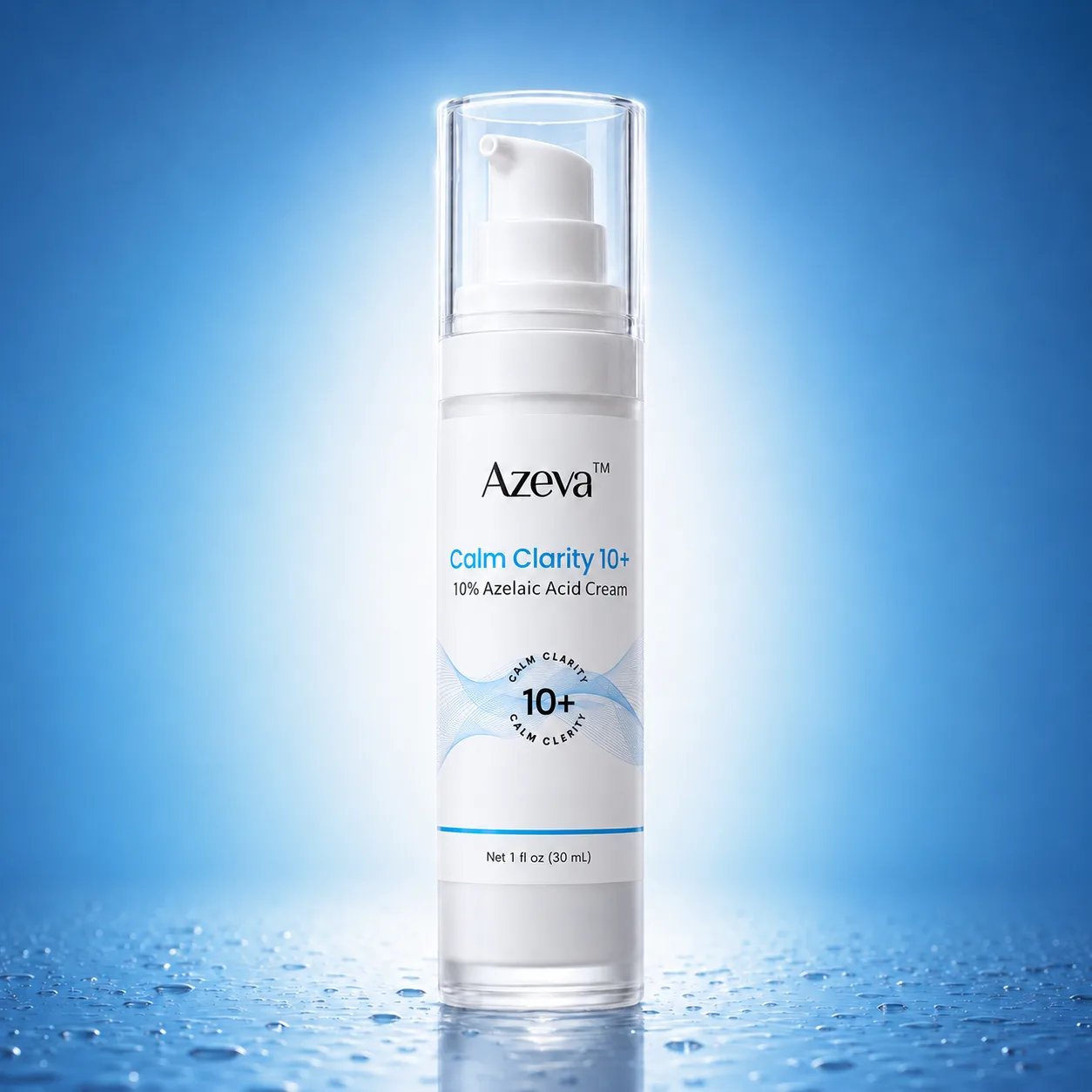 Calm Clarity 10+ airless pump bottle glowing on an azure backdrop with water droplets