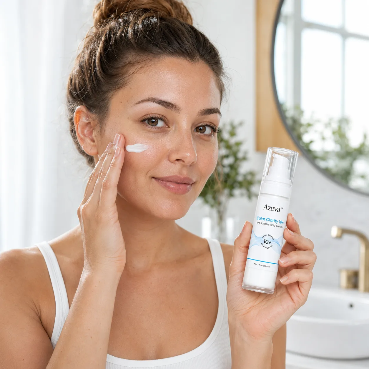 Applying a dab of Calm Clarity 10+ cream to the cheek in a bright bathroom