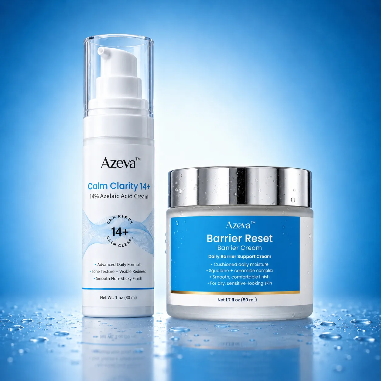 Calm Clarity 14+ bottle and Barrier Reset jar side by side on an azure backdrop with water droplets