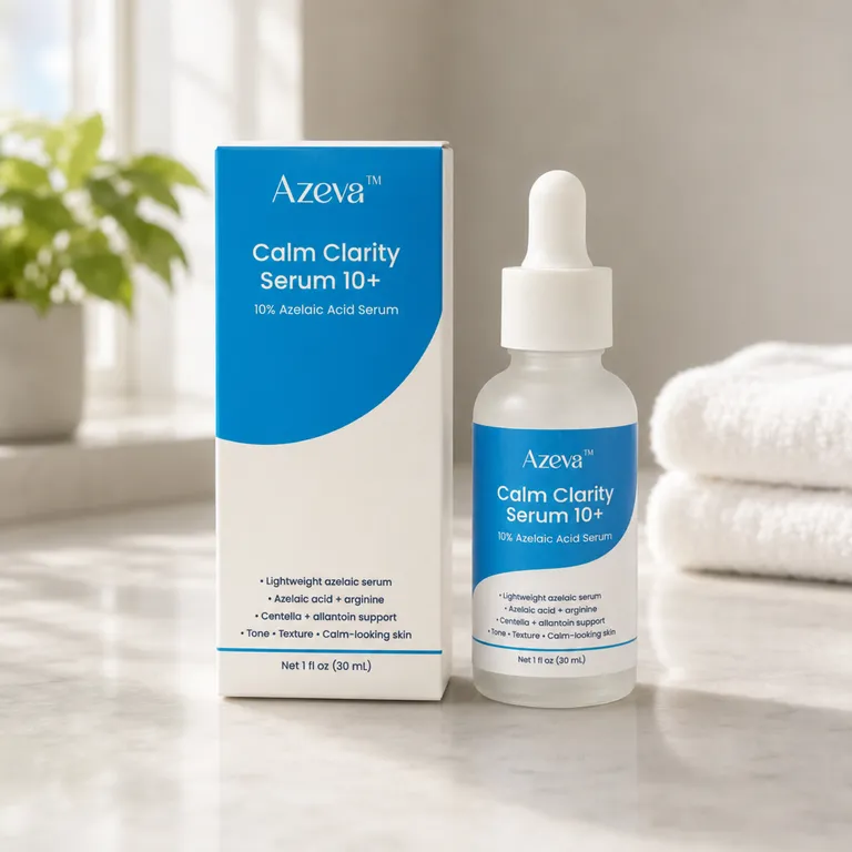 Calm Clarity Serum 10+ and its box on a bathroom counter