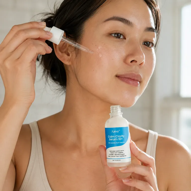Applying Calm Clarity Serum 10+ drops to the cheek